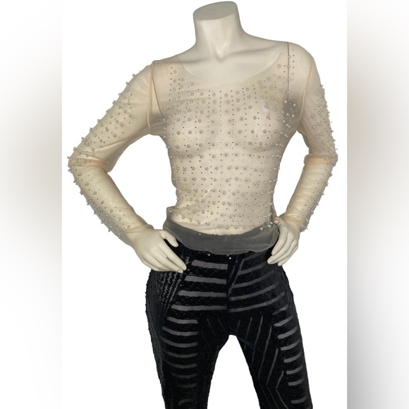 FASHION CLASSIC COLLECTION Nude Sheer Mesh See Through Pearl Diamond Crop Top, L - Picture 6 of 16